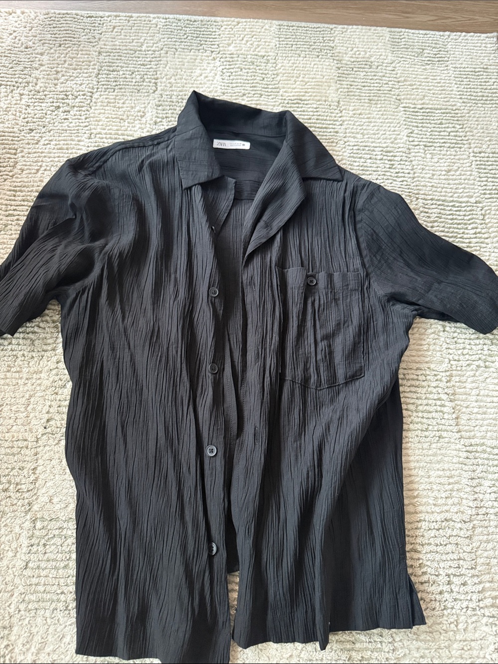 Zara Men Black Crinkle Short-Sleeve Shirt